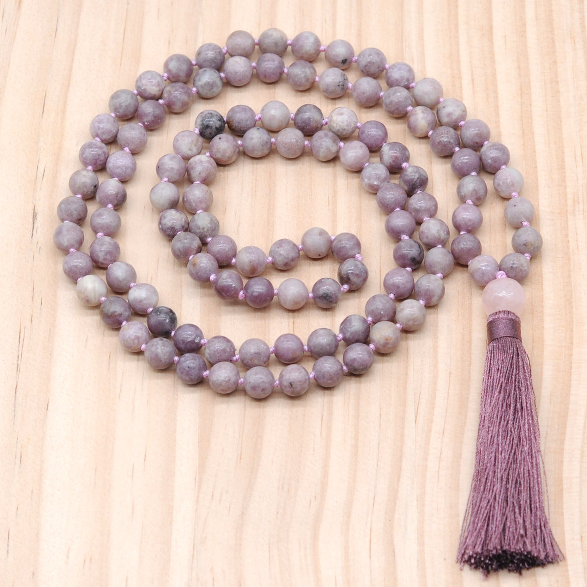 GMN150 Hand-Knotted Smooth Lepidolite Gemstone 108 Beads Mala Necklace