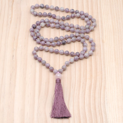 GMN150 Hand-Knotted Smooth Lepidolite Gemstone 108 Beads Mala Necklace