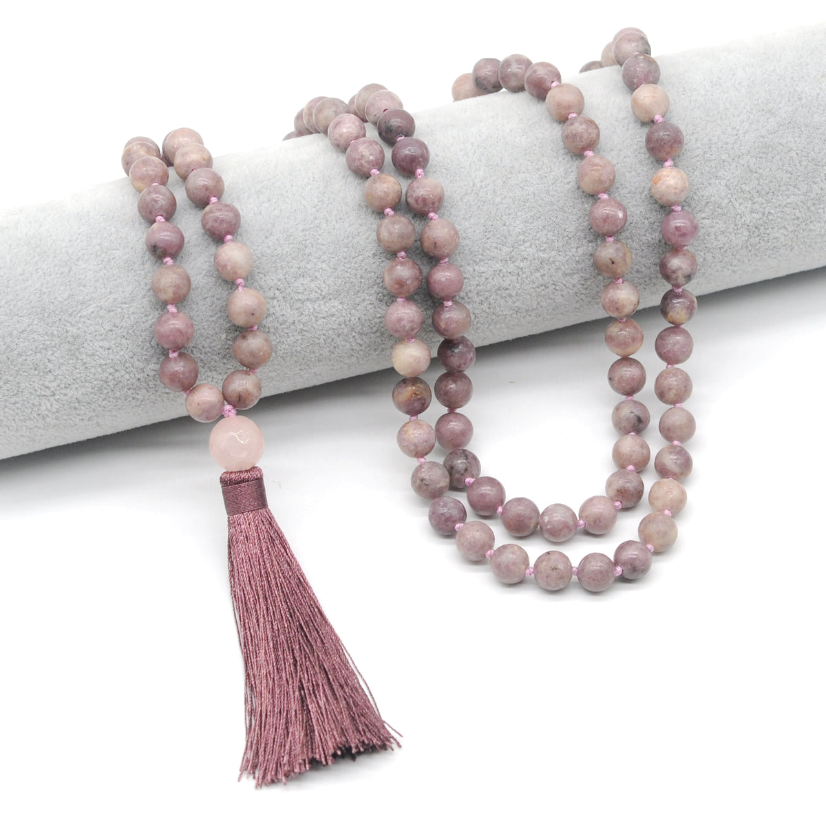 GMN150 Hand-Knotted Smooth Lepidolite Gemstone 108 Beads Mala Necklace