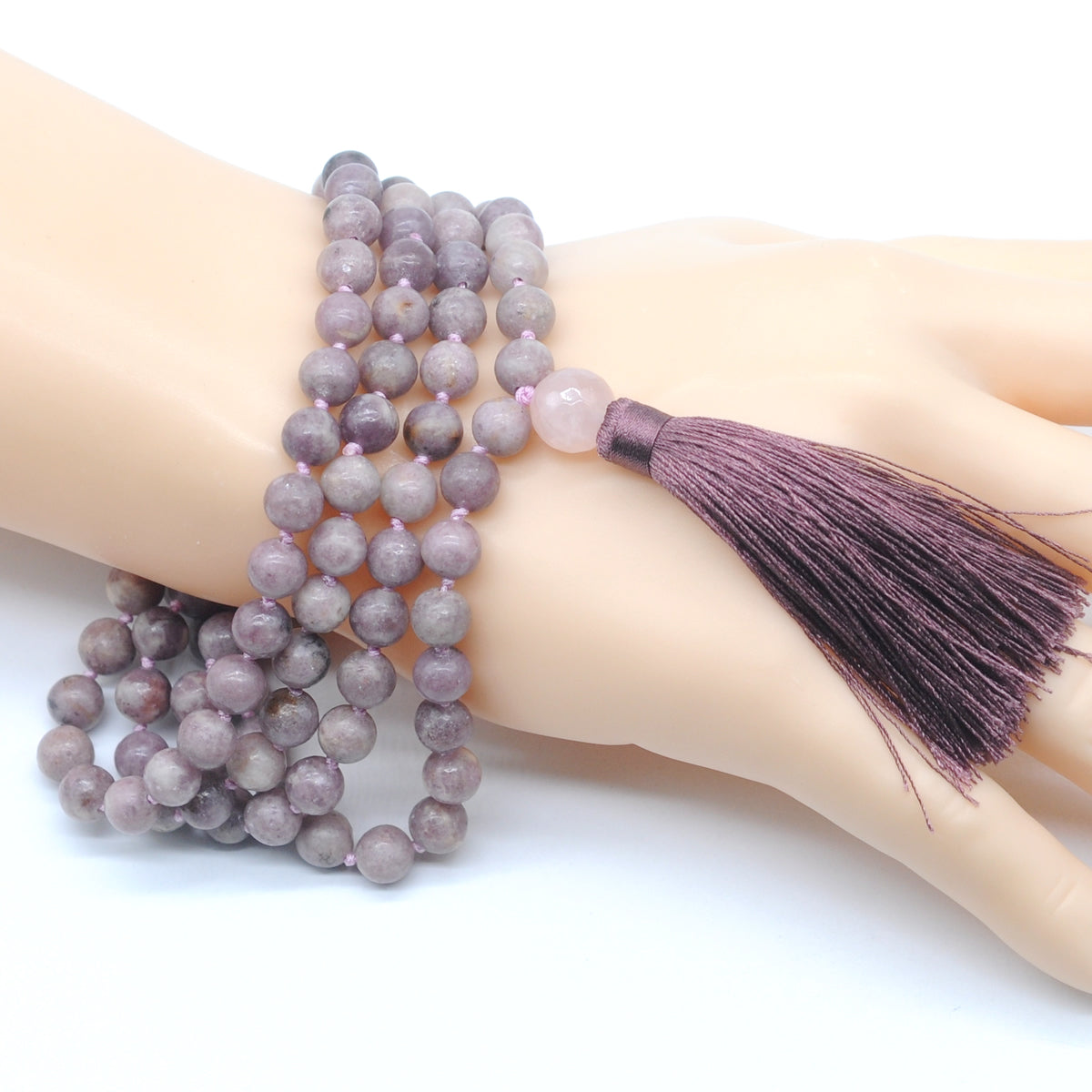 GMN150 Hand-Knotted Smooth Lepidolite Gemstone 108 Beads Mala Necklace