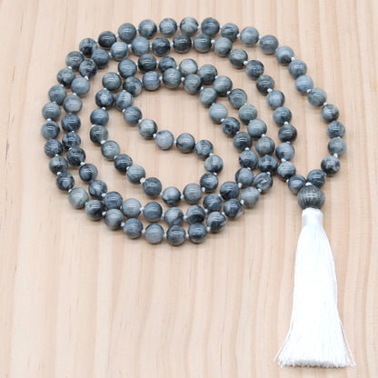 GMN151 Hand-Knotted Smooth Eagle Eye Jasper 108 Beads Mala Necklace