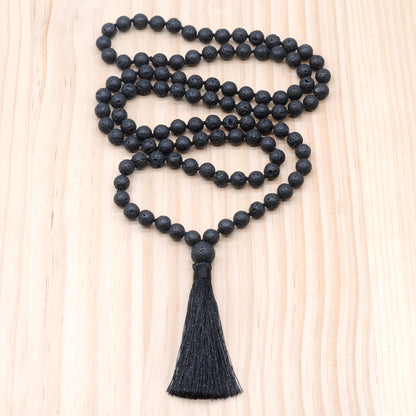 GMN152 Hand-Knotted Black Lava 108 Beads Mala Necklace