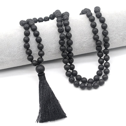 GMN152 Hand-Knotted Black Lava 108 Beads Mala Necklace