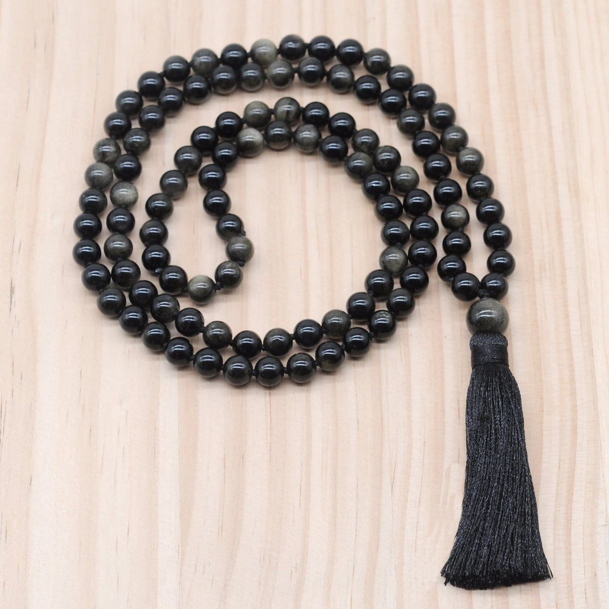 GMN153 Hand-Knotted Smooth Golden Obsidian 108 Beads Mala Necklace