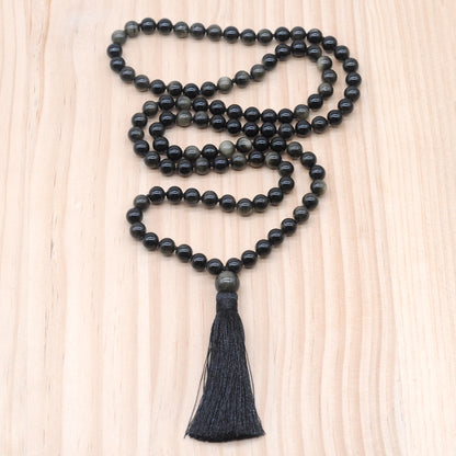 GMN153 Hand-Knotted Smooth Golden Obsidian 108 Beads Mala Necklace