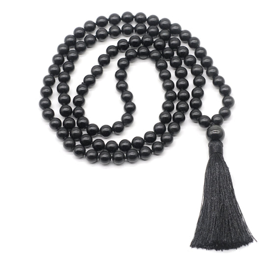 GMN154 Hand-Knotted Smooth Black Obsidian 108 Beads Mala Necklace