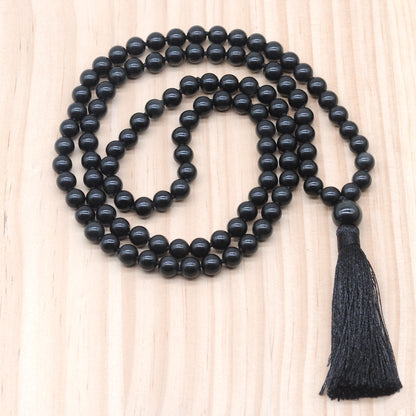 GMN154 Hand-Knotted Smooth Black Obsidian 108 Beads Mala Necklace