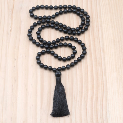 GMN154 Hand-Knotted Smooth Black Obsidian 108 Beads Mala Necklace