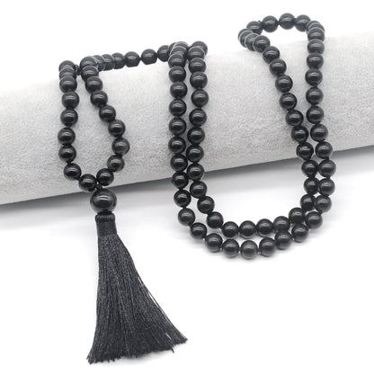 GMN154 Hand-Knotted Smooth Black Obsidian 108 Beads Mala Necklace