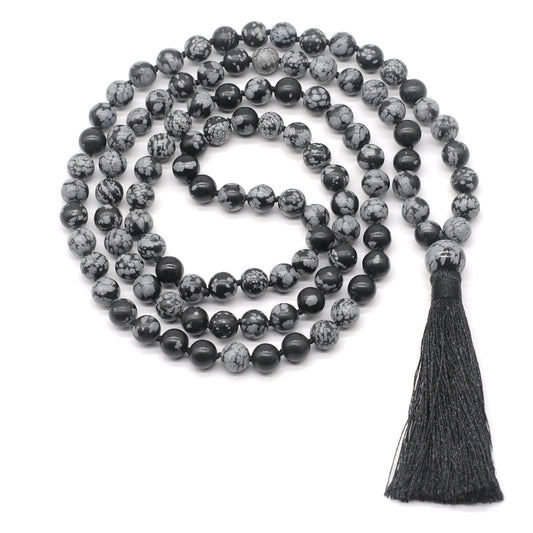 GMN155 Hand-Knotted Smooth Snowflake Obsidian 108 Beads Mala Necklace