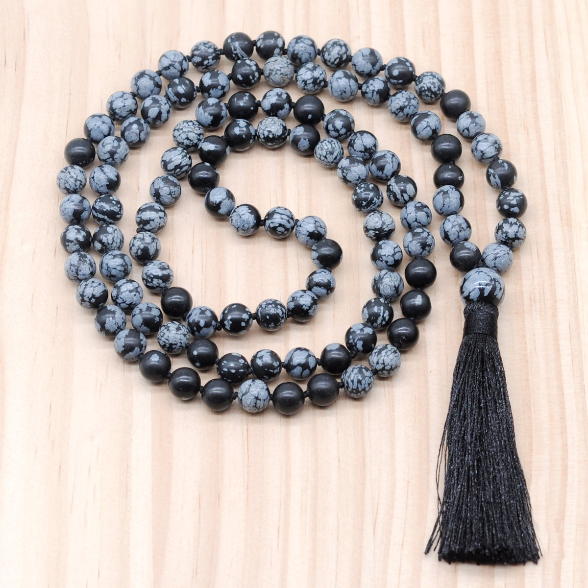 GMN155 Hand-Knotted Smooth Snowflake Obsidian 108 Beads Mala Necklace