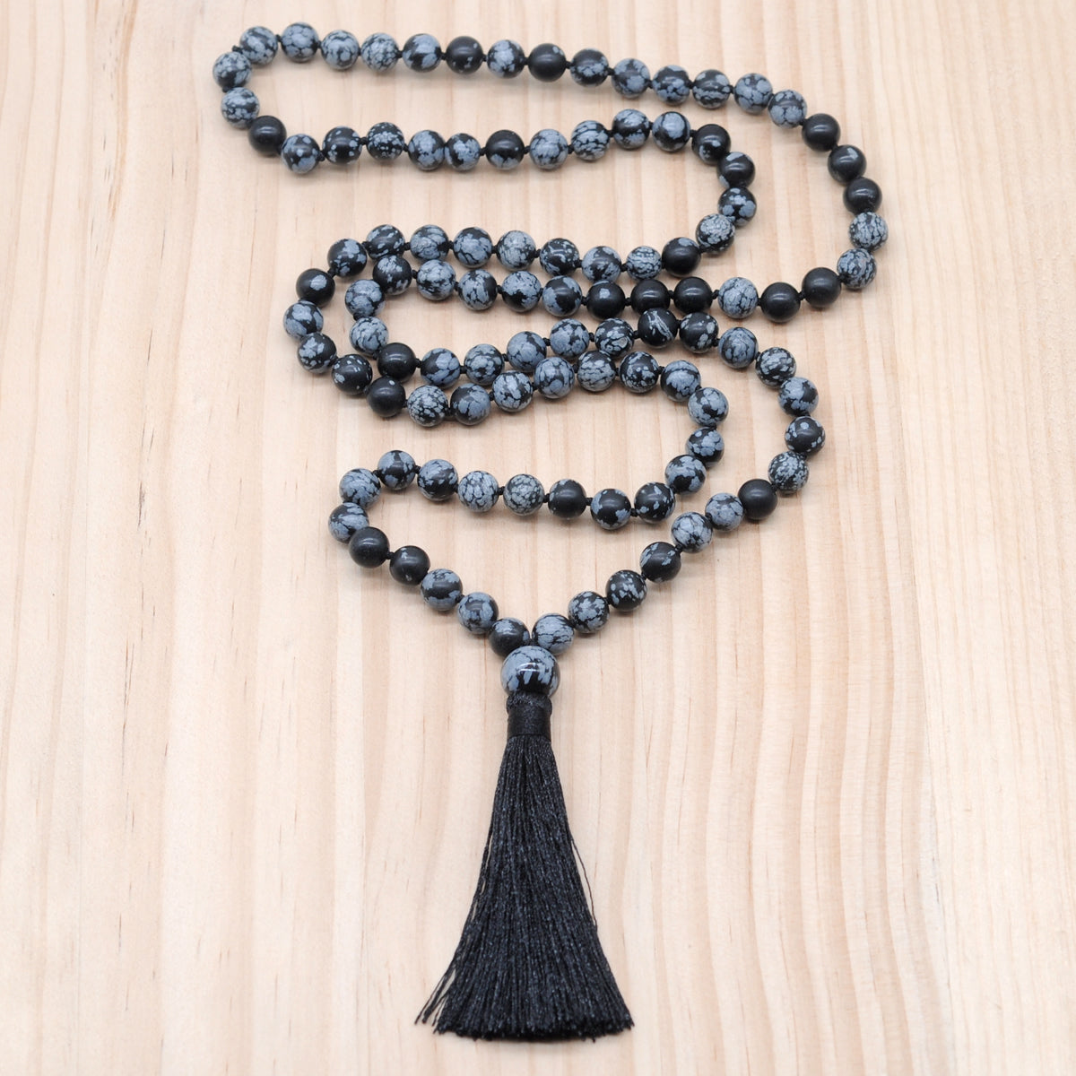 GMN155 Hand-Knotted Smooth Snowflake Obsidian 108 Beads Mala Necklace