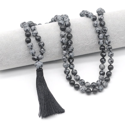 GMN155 Hand-Knotted Smooth Snowflake Obsidian 108 Beads Mala Necklace