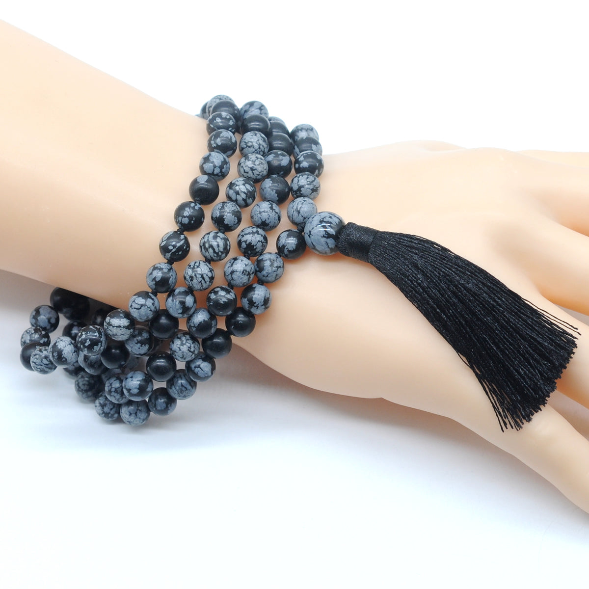 GMN155 Hand-Knotted Smooth Snowflake Obsidian 108 Beads Mala Necklace