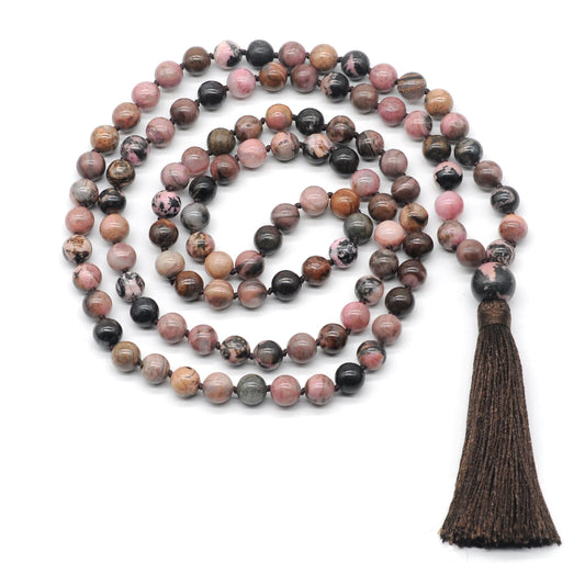 GMN157 Hand-Knotted Smooth Rhodonite Gemstone 108 Beads Mala Necklace