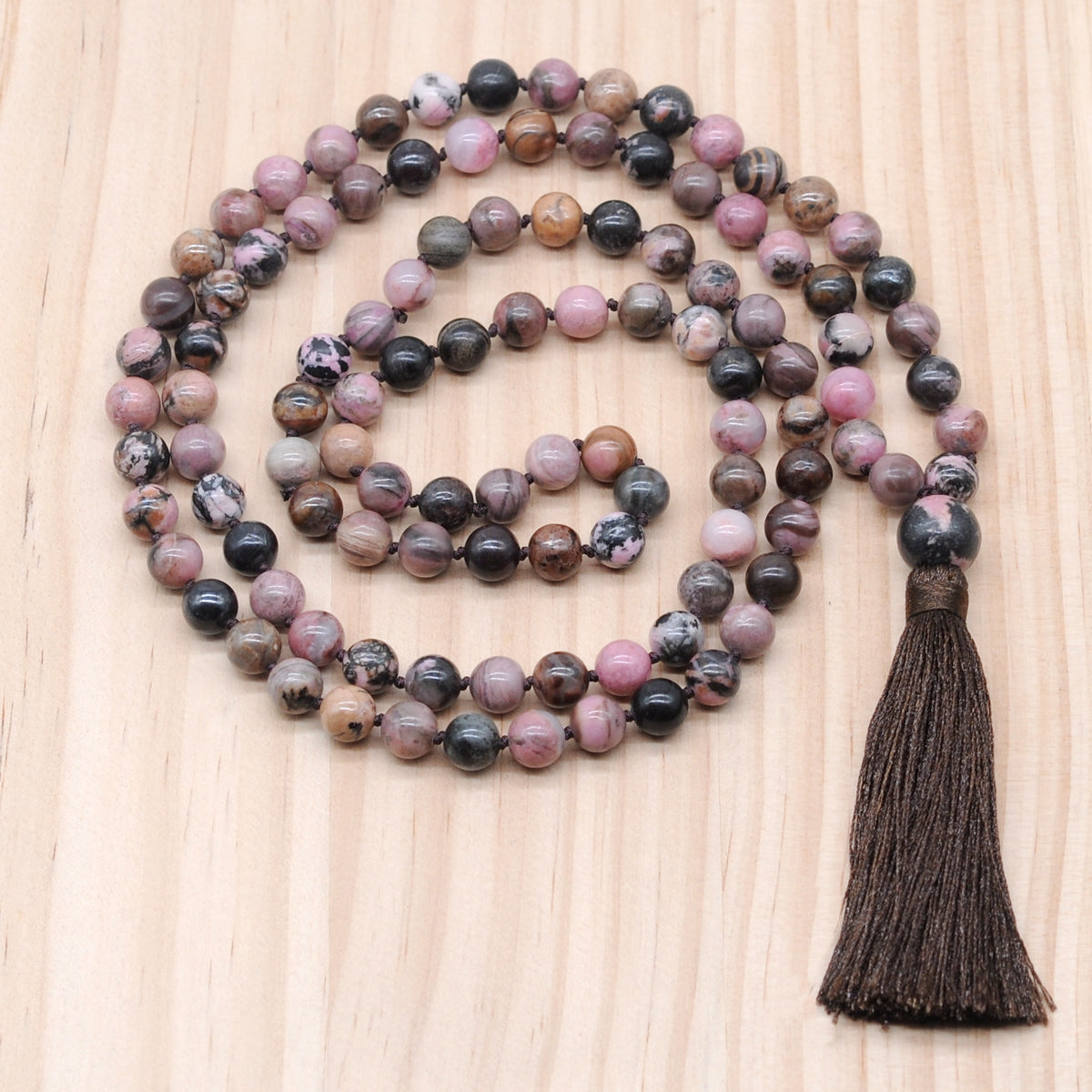 GMN157 Hand-Knotted Smooth Rhodonite Gemstone 108 Beads Mala Necklace