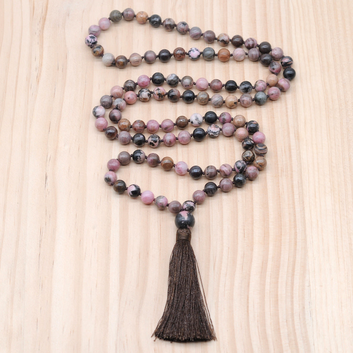 GMN157 Hand-Knotted Smooth Rhodonite Gemstone 108 Beads Mala Necklace