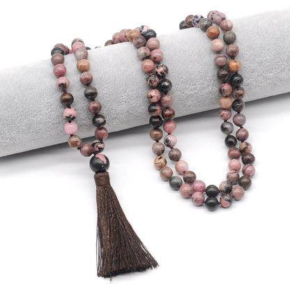 GMN157 Hand-Knotted Smooth Rhodonite Gemstone 108 Beads Mala Necklace