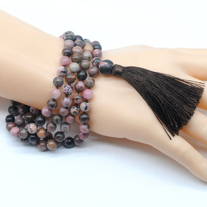 GMN157 Hand-Knotted Smooth Rhodonite Gemstone 108 Beads Mala Necklace