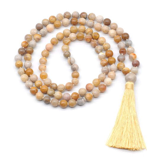 GMN159 Hand-Knotted Smooth Fossil Coral 108 Beads Mala Necklace