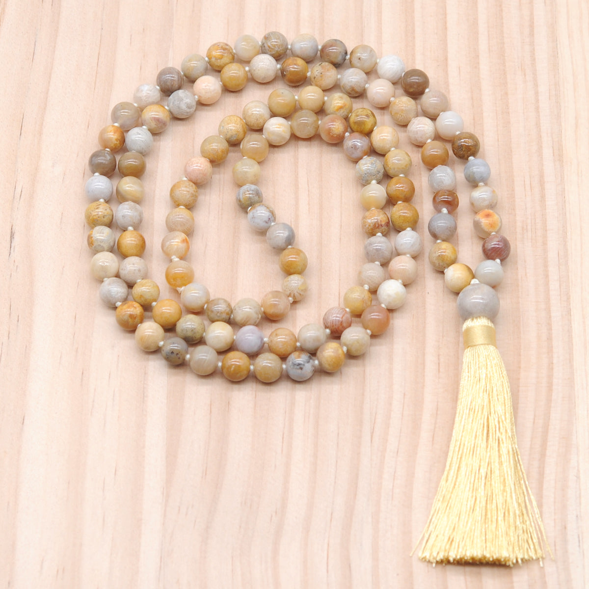 GMN159 Hand-Knotted Smooth Fossil Coral 108 Beads Mala Necklace