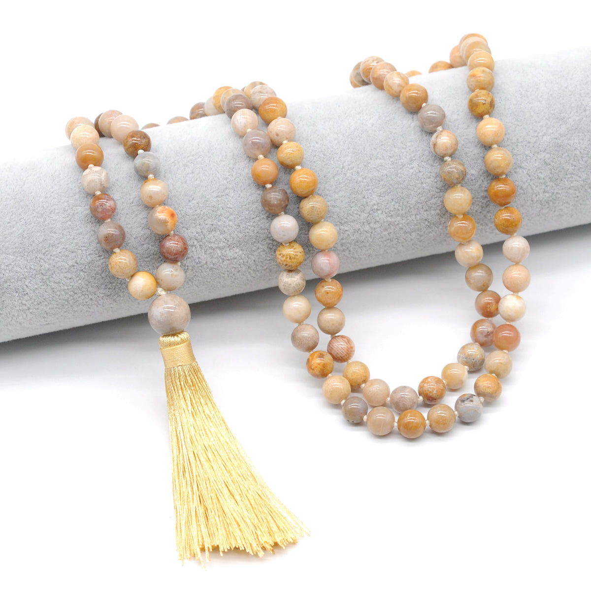 GMN159 Hand-Knotted Smooth Fossil Coral 108 Beads Mala Necklace