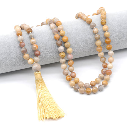 GMN159 Hand-Knotted Smooth Fossil Coral 108 Beads Mala Necklace