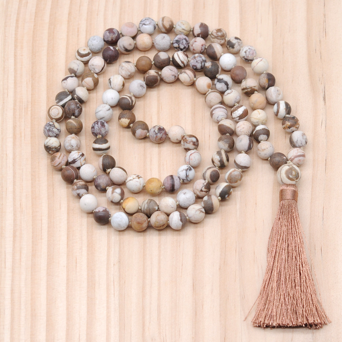 GMN16 Hand-Knotted Matte Zebra Jasper 108 Beads Mala Necklace