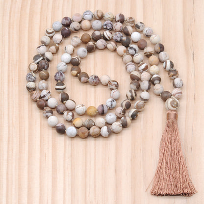 GMN16 Hand-Knotted Matte Zebra Jasper 108 Beads Mala Necklace