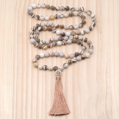 GMN16 Hand-Knotted Matte Zebra Jasper 108 Beads Mala Necklace