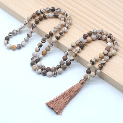 GMN16 Hand-Knotted Matte Zebra Jasper 108 Beads Mala Necklace