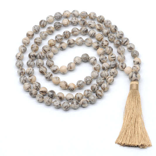 GMN160 Hand-Knotted Smooth Feldspar Gemstone 108 Beads Mala Necklace