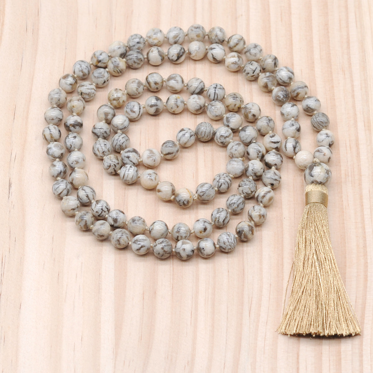 GMN160 Hand-Knotted Smooth Feldspar Gemstone 108 Beads Mala Necklace