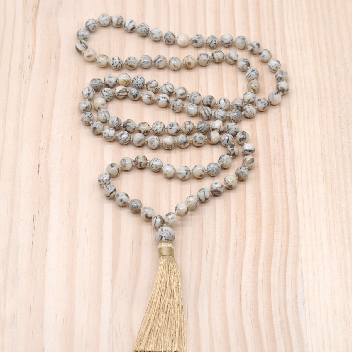 GMN160 Hand-Knotted Smooth Feldspar Gemstone 108 Beads Mala Necklace