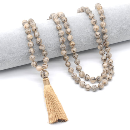 GMN160 Hand-Knotted Smooth Feldspar Gemstone 108 Beads Mala Necklace