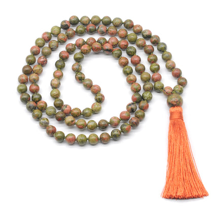 GMN161 Hand-Knotted Smooth Unakite Gemstone 108 Beads Mala Necklace