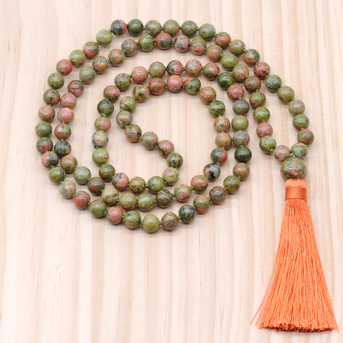 GMN161 Hand-Knotted Smooth Unakite Gemstone 108 Beads Mala Necklace