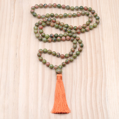 GMN161 Hand-Knotted Smooth Unakite Gemstone 108 Beads Mala Necklace