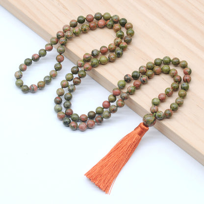 GMN161 Hand-Knotted Smooth Unakite Gemstone 108 Beads Mala Necklace