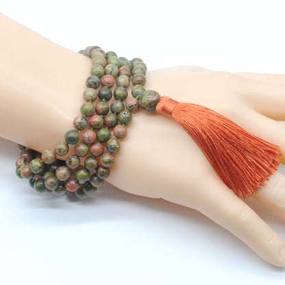 GMN161 Hand-Knotted Smooth Unakite Gemstone 108 Beads Mala Necklace