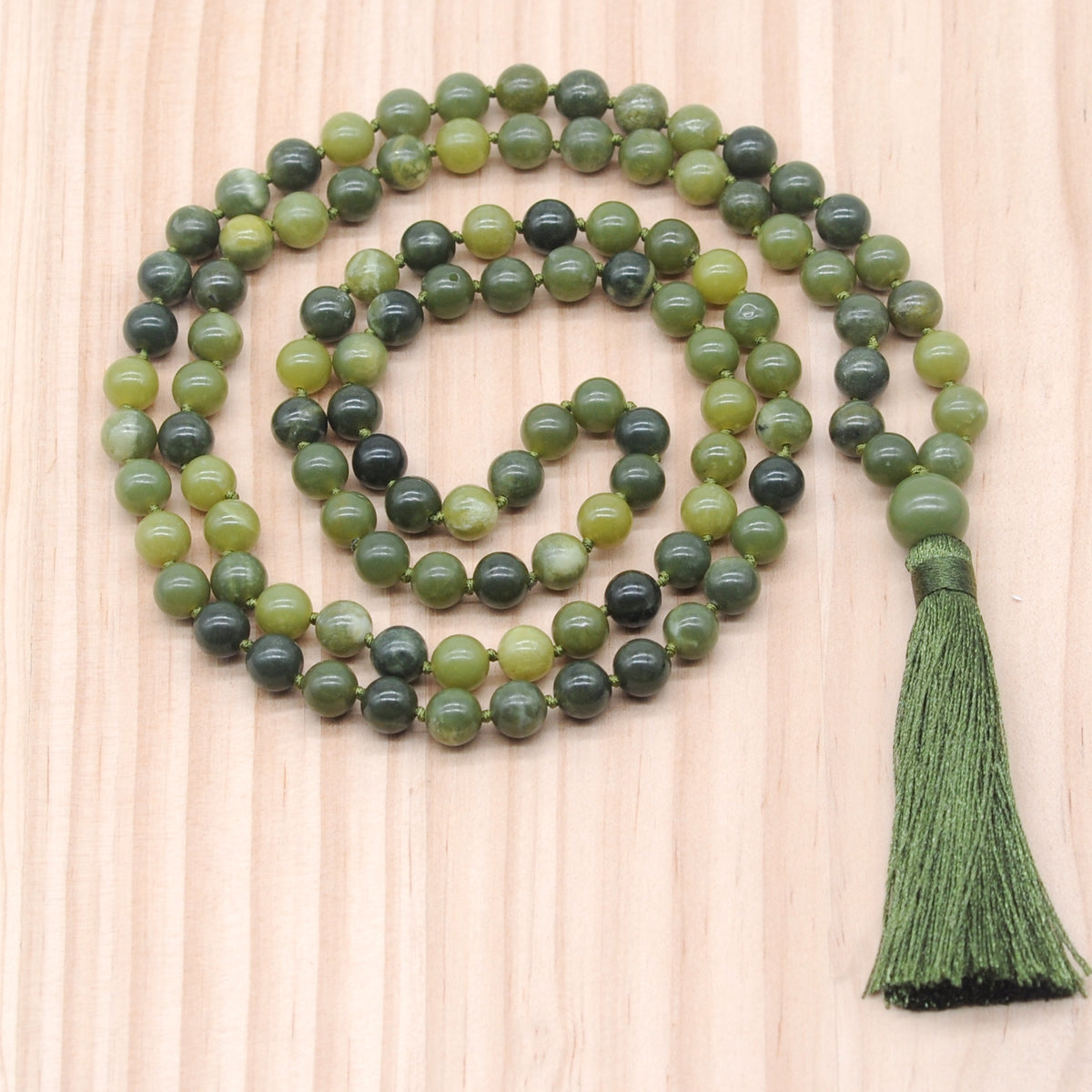 GMN163 Hand-Knotted Smooth Canadian Jade 108 Beads Mala Necklace