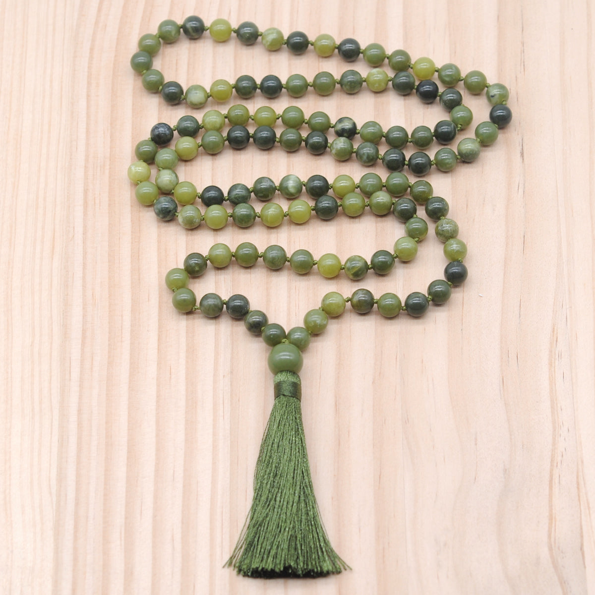 GMN163 Hand-Knotted Smooth Canadian Jade 108 Beads Mala Necklace