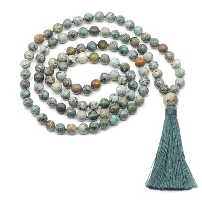 GMN164 Hand-Knotted Smooth African Turquoise 108 Beads Mala Necklace