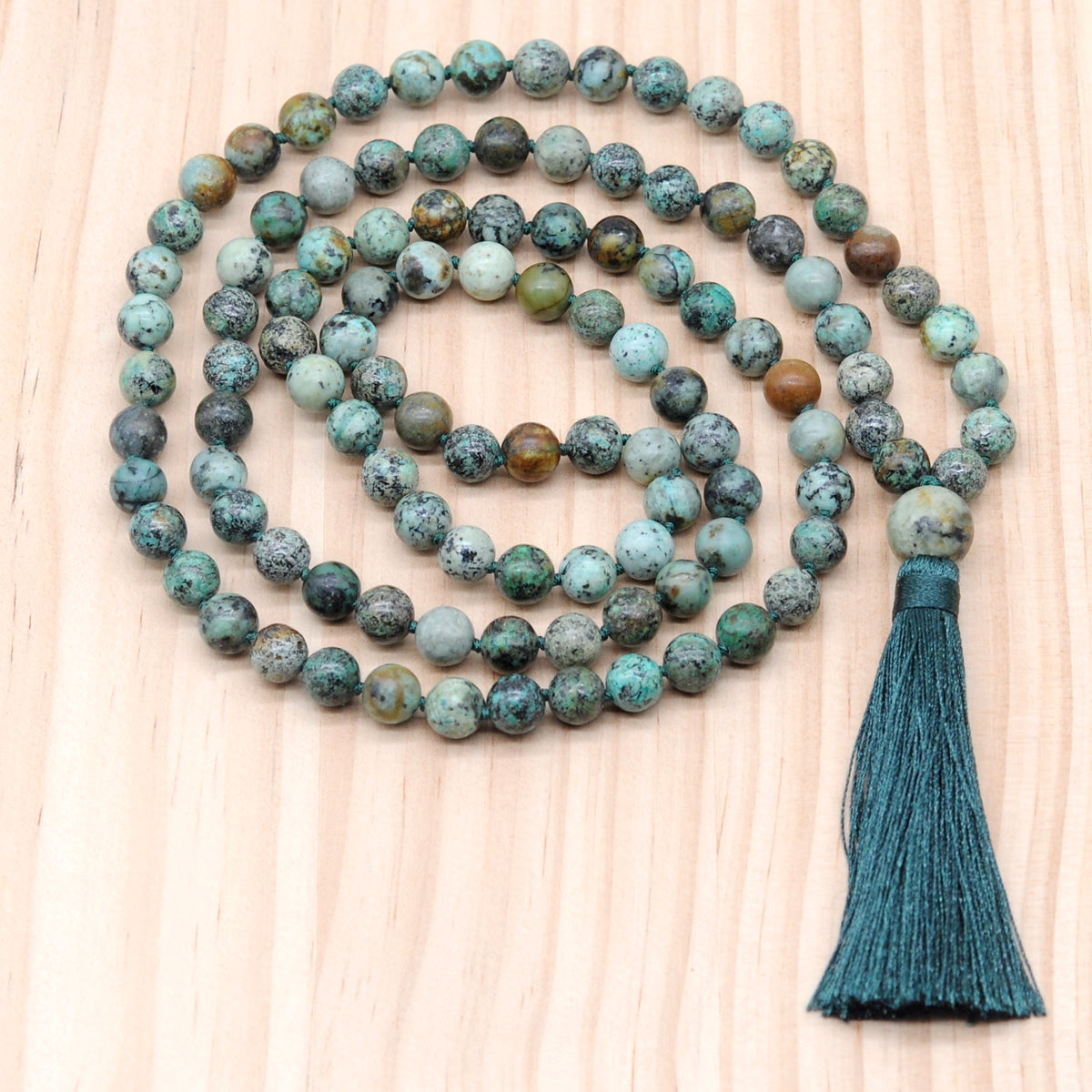 GMN164 Hand-Knotted Smooth African Turquoise 108 Beads Mala Necklace