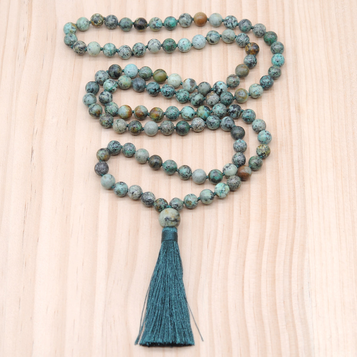 GMN164 Hand-Knotted Smooth African Turquoise 108 Beads Mala Necklace