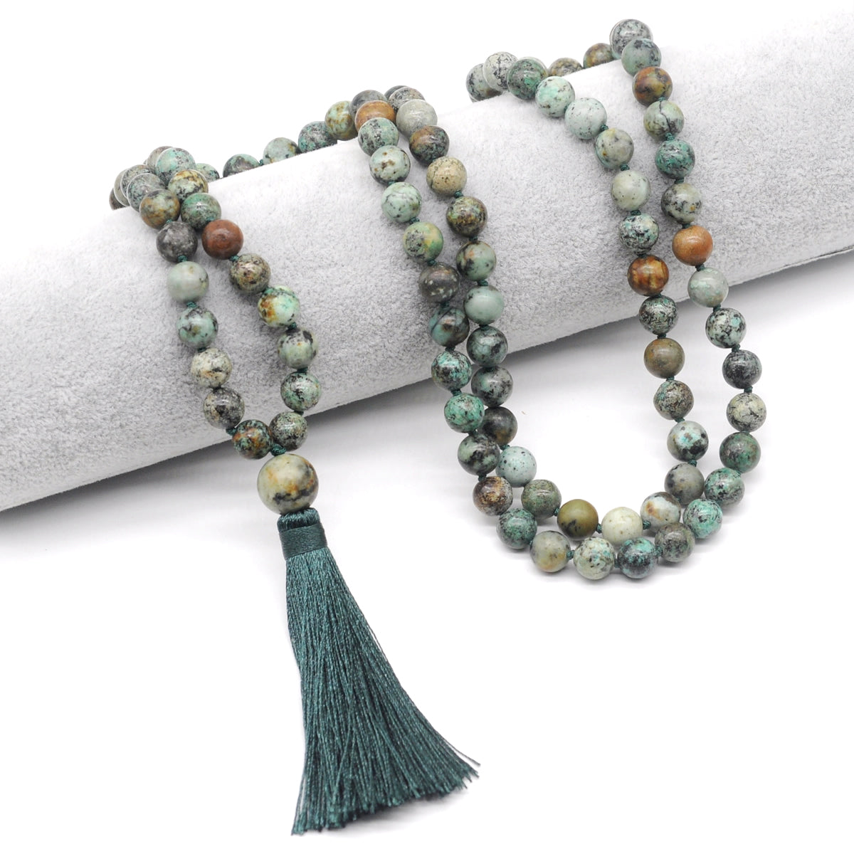 GMN164 Hand-Knotted Smooth African Turquoise 108 Beads Mala Necklace