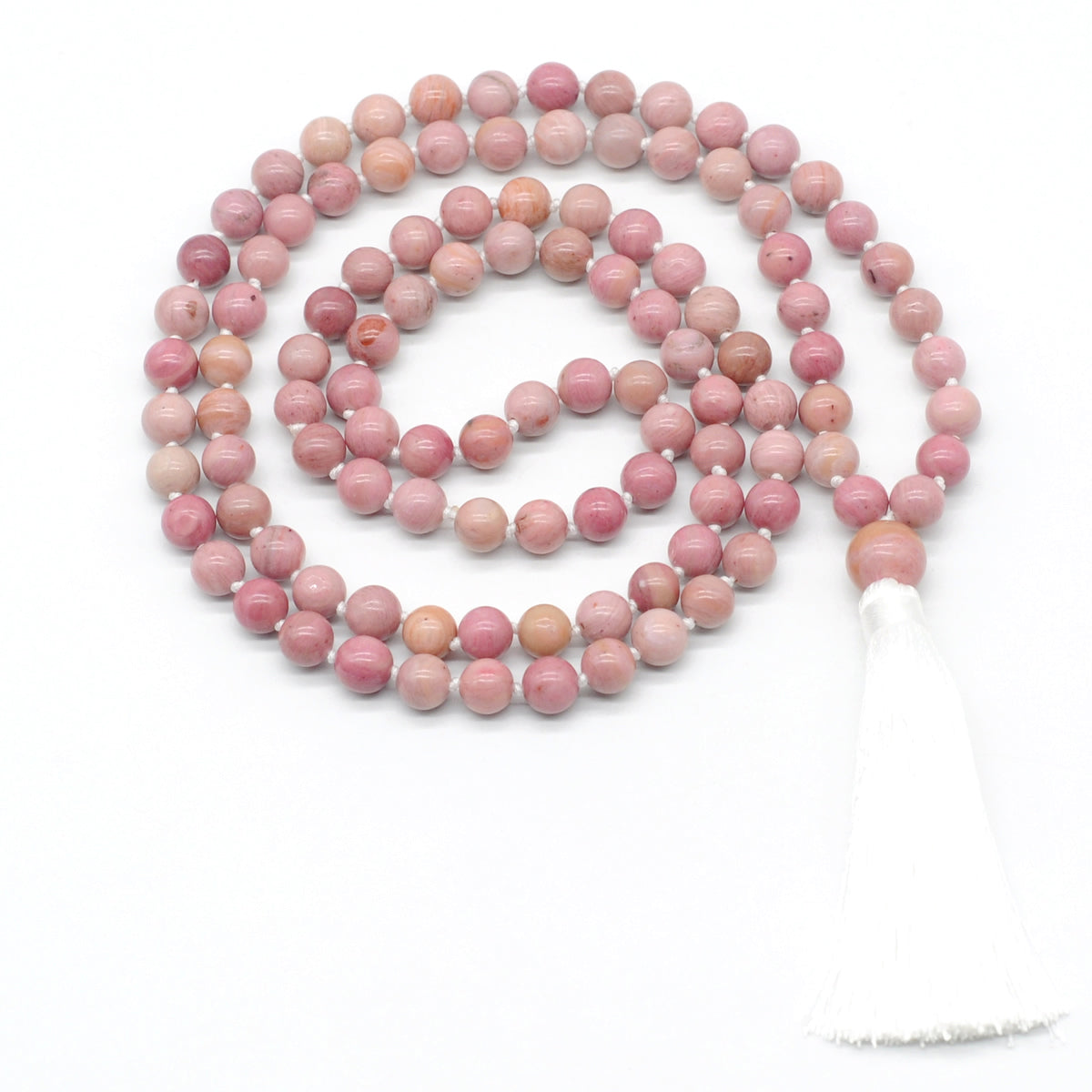 GMN167 Hand-Knotted Smooth Pink Wooden Jasper 108 Beads Mala Necklace