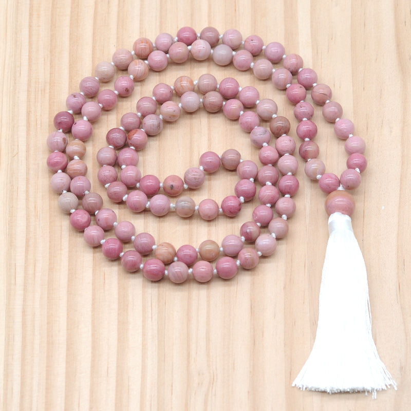 GMN167 Hand-Knotted Smooth Pink Wooden Jasper 108 Beads Mala Necklace