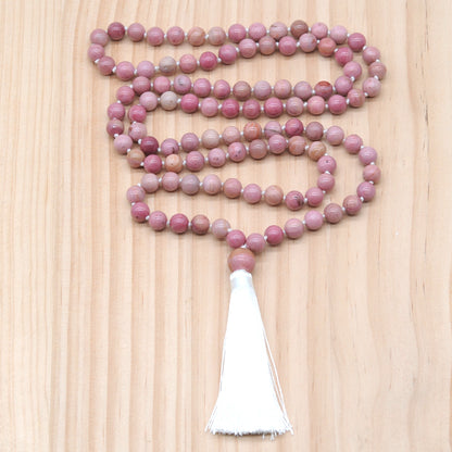 GMN167 Hand-Knotted Smooth Pink Wooden Jasper 108 Beads Mala Necklace