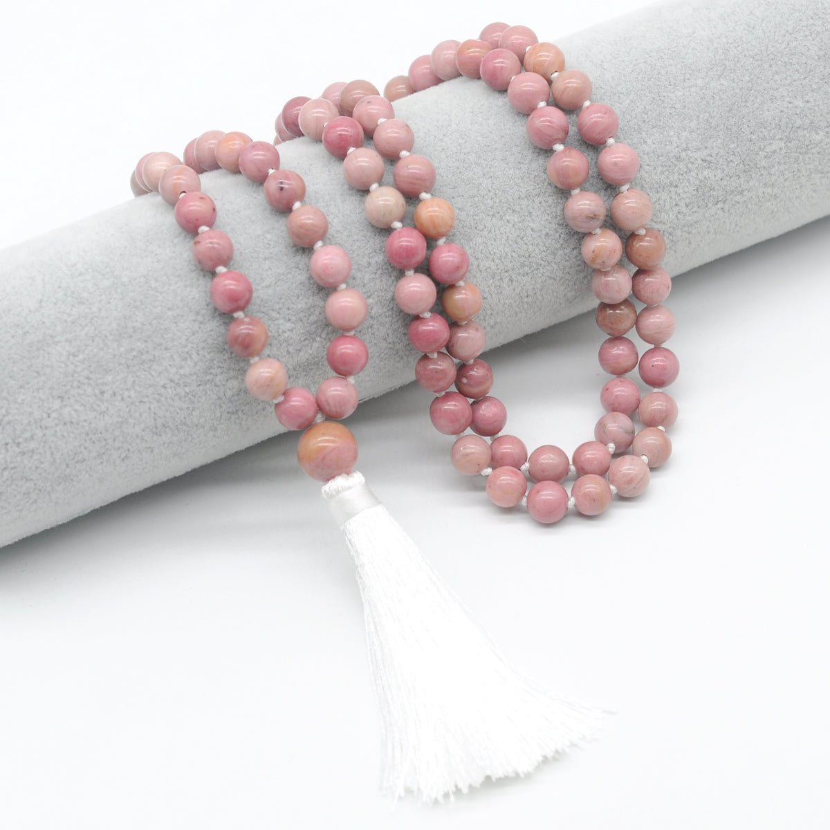 GMN167 Hand-Knotted Smooth Pink Wooden Jasper 108 Beads Mala Necklace